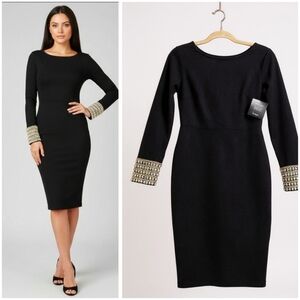 Lulu's Black Evening Party Sexy Slim Dress Pearl Rhinestone Cuffs Womens Small